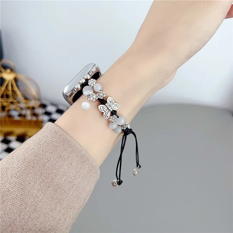 Butterfly Decor Beaded Bracelet for Apple Watch 10 46mm / Ultra 2 / Ultra 49mm / 9 8 7 45mm / SE (2023) SE (2022) SE 6 5 4 44mm / 3 2 1 42mm Watch Band - Black