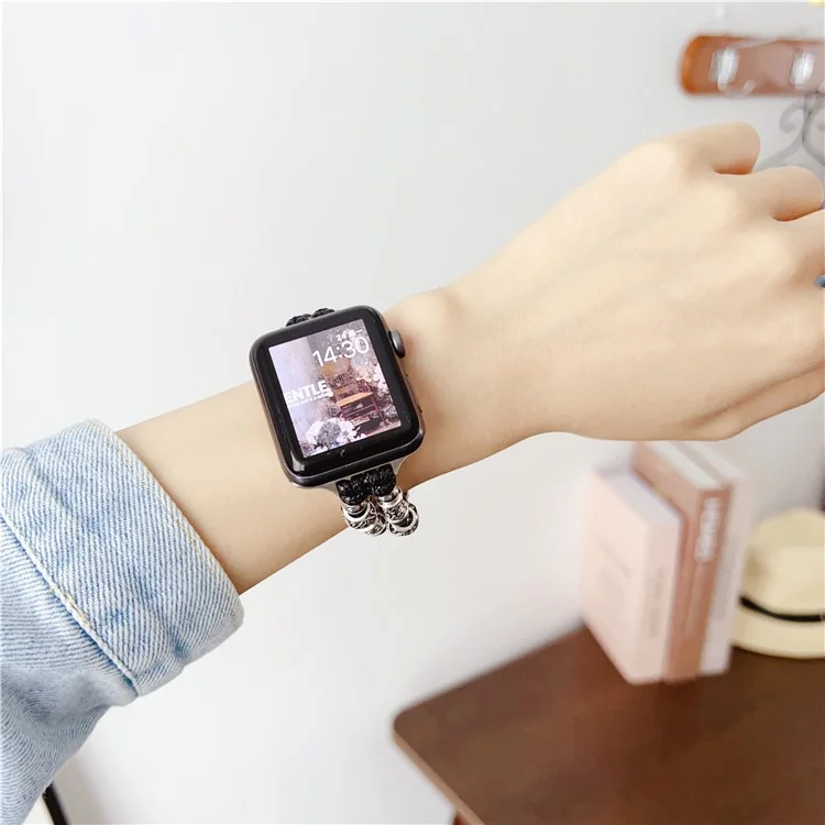 For Apple Watch Series 10 42mm / 9 8 7 41mm / SE (2023) SE (2022) SE 6 5 4 40mm / 3 2 1 38mm Leather Watch Band Beads Strap - Black