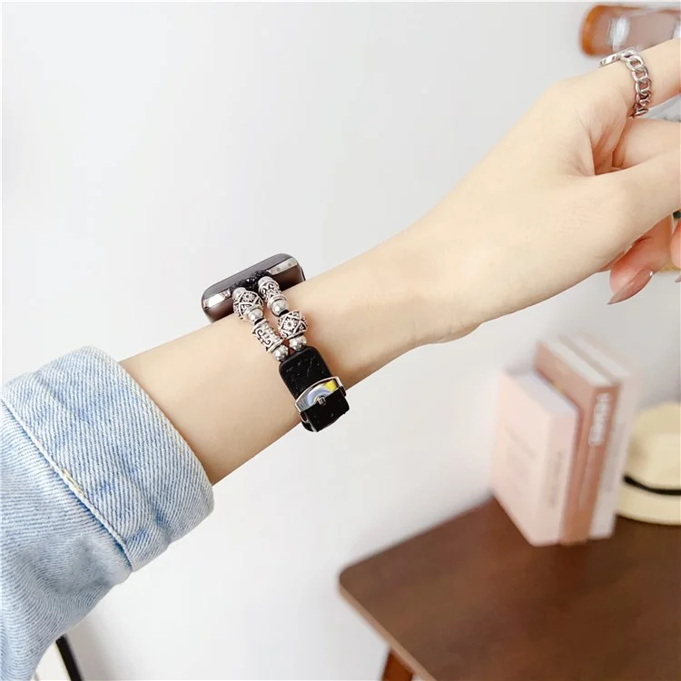 For Apple Watch Series 10 42mm / 9 8 7 41mm / SE (2023) SE (2022) SE 6 5 4 40mm / 3 2 1 38mm Leather Watch Band Beads Strap - Black
