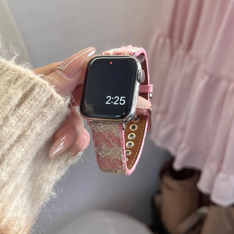 Para Apple Watch Series 10 42mm / 9 8 7 41mm / SE (2023) SE (2022) SE 6 5 4 40mm / 3 2 1 38mm Correa de Reloj de Lana+Cuero - Rosa+Blanco