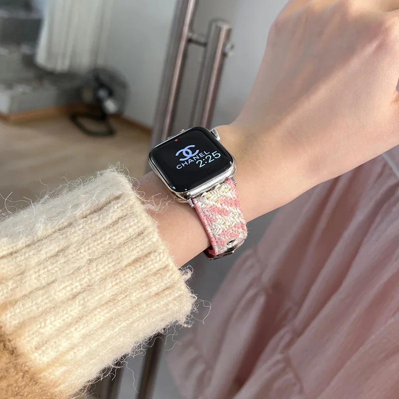 Para Apple Watch Series 10 42mm / 9 8 7 41mm / SE (2023) SE (2022) SE 6 5 4 40mm / 3 2 1 38mm Correa de Reloj de Lana+Cuero - Rosa+Blanco