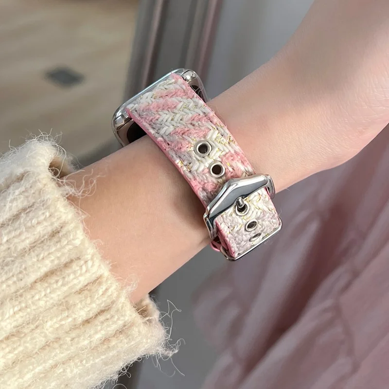 Para Apple Watch Series 10 42mm / 9 8 7 41mm / SE (2023) SE (2022) SE 6 5 4 40mm / 3 2 1 38mm Correa de Reloj de Lana+Cuero - Rosa+Blanco