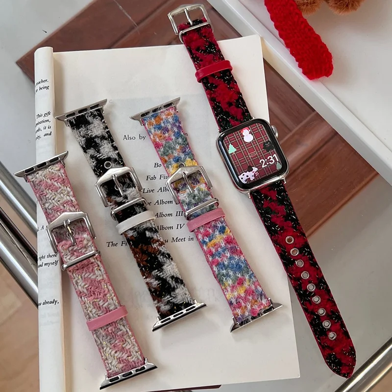 Para Apple Watch Series 10 42mm / 9 8 7 41mm / SE (2023) SE (2022) SE 6 5 4 40mm / 3 2 1 38mm Correa de Reloj de Lana+Cuero - Rosa+Blanco