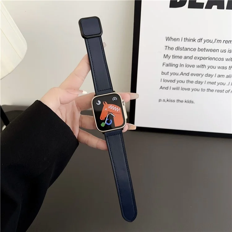 PU Leather Strap for Apple Watch Series 10 42mm / 9 8 7 41mm / SE (2023) SE (2022) SE 6 5 4 40mm / 3 2 1 38mm Magnetic Buckle Band - Navy Blue