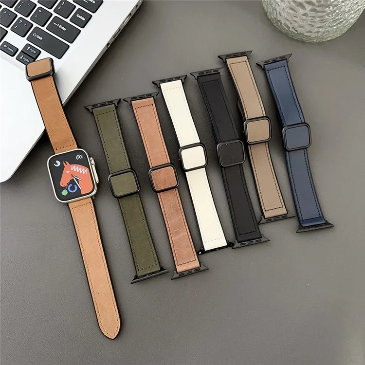 PU Leather Strap for Apple Watch Series 10 42mm / 9 8 7 41mm / SE (2023) SE (2022) SE 6 5 4 40mm / 3 2 1 38mm Magnetic Buckle Band - Navy Blue