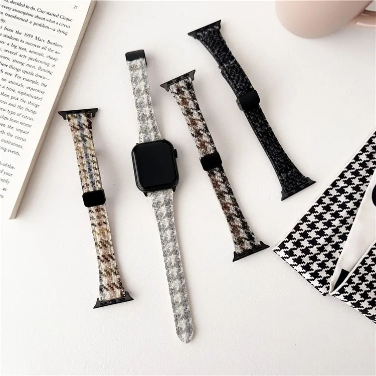 Per Apple Watch Series 10 42mm / 9 8 7 41mm / SE (2023) SE (2022) SE 6 5 4 40mm / 3 2 1 38mm Houndstooth Woolen Watch Strap - Nero
