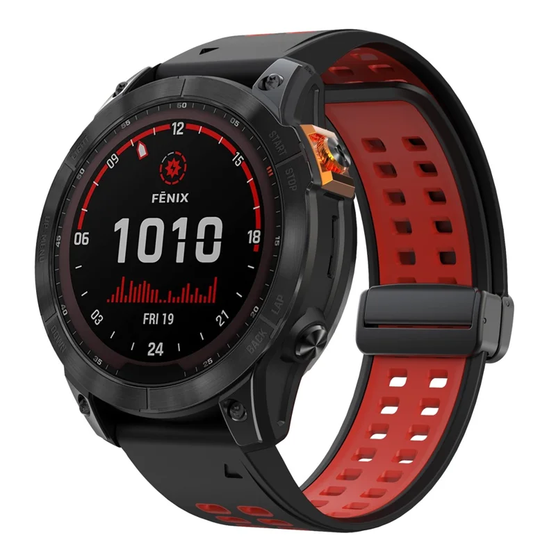 For Garmin Fenix 7X Pro / Fenix 7X Magnetic Buckle Replacement Band 26mm Silicone Strap - Black+Red