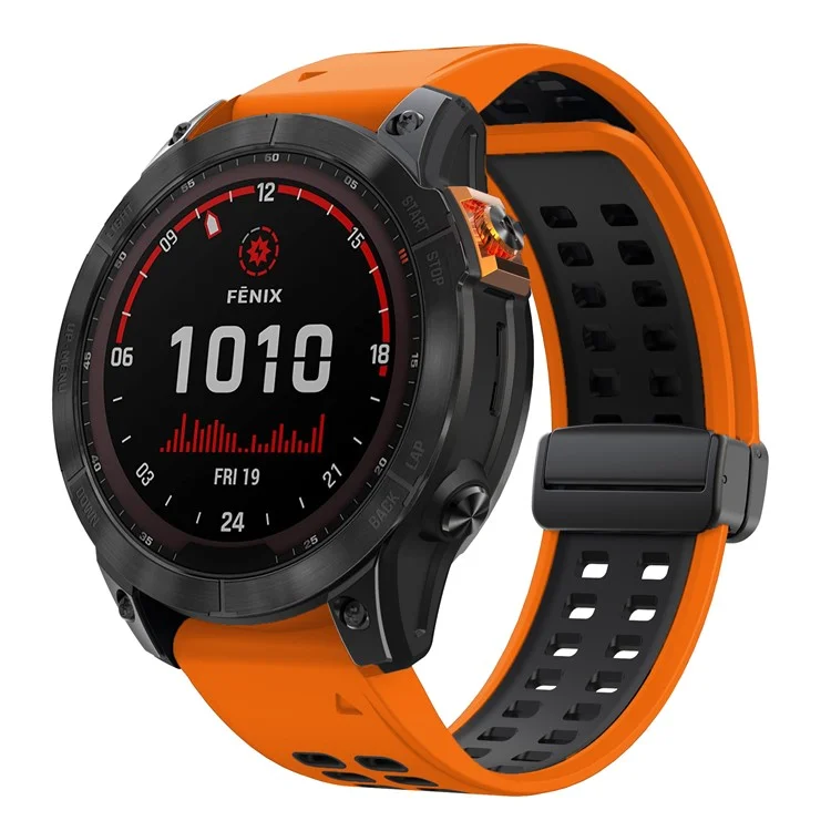 Pour Garmin Fenix 7 Pro / Fenix 7 Remplacement de la Bande 22mm Bracelet en Silicone avec Boucle Magnétique - Orange+Noir