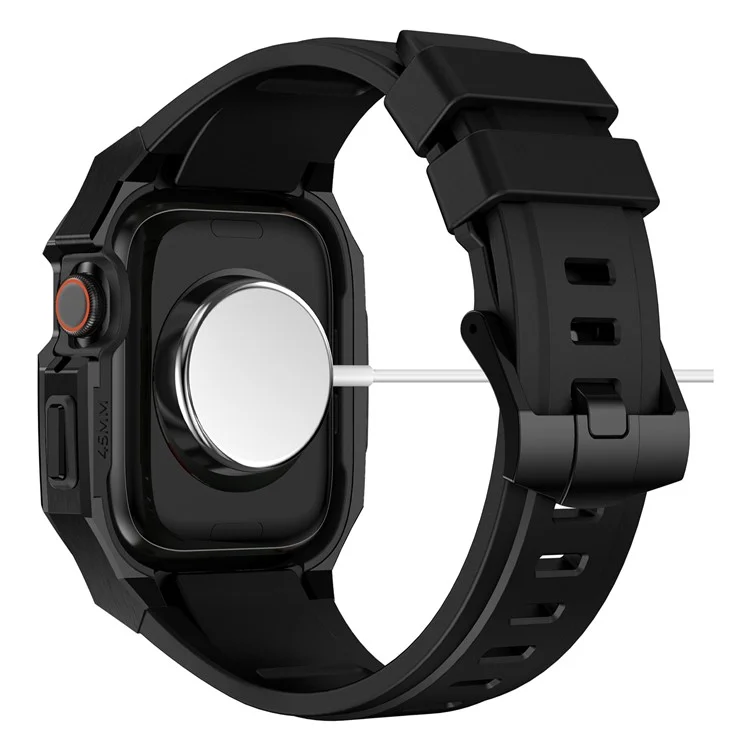Para Apple Watch SE (2023) SE (2022) SE Série 6 5 4 44mm Pulseira de Fluororubber com Caixa de Relógio de Aço Inoxidável - Preto