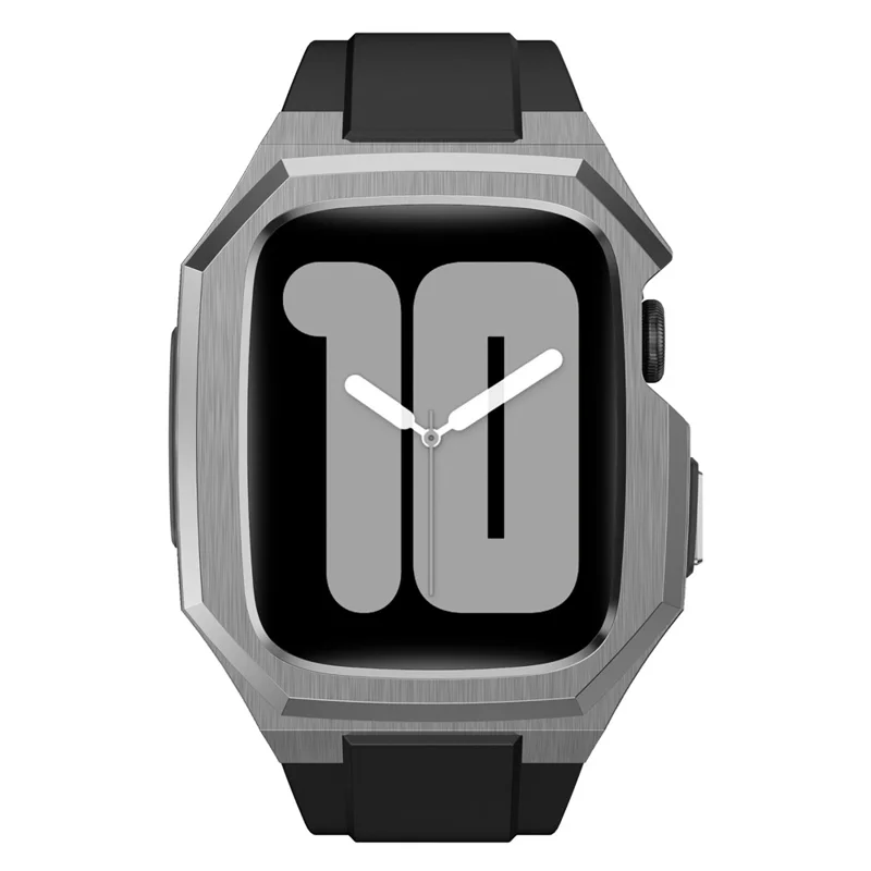For Apple Watch Series 9 8 7 45mm Band Fluororubber Watch Strap with Stainless Steel Bezel Case - Silver