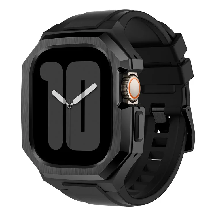 Per Apple Watch Ultra 2 Ultra 49mm Cinturino in fluororubber morbido con cassa dell'orologio in acciaio inossidabile - Nero