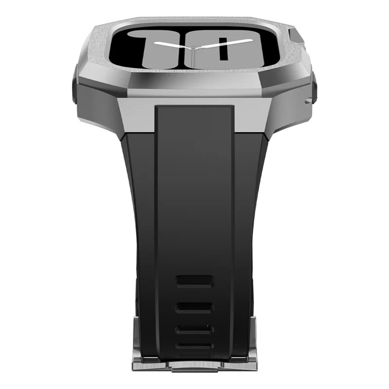 For Apple Watch Ultra 2 Ultra 49mm Soft Fluororubber Strap with Stainless Steel Wristwatch Case - Silver