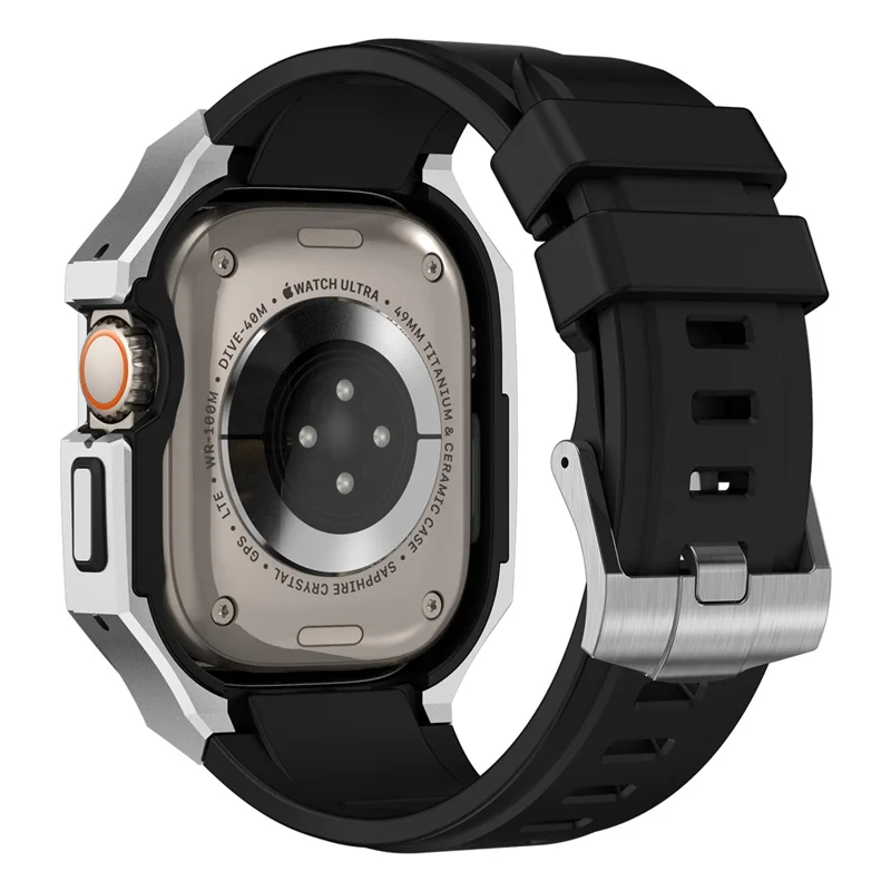 For Apple Watch Ultra 2 Ultra 49mm Soft Fluororubber Strap with Stainless Steel Wristwatch Case - Silver