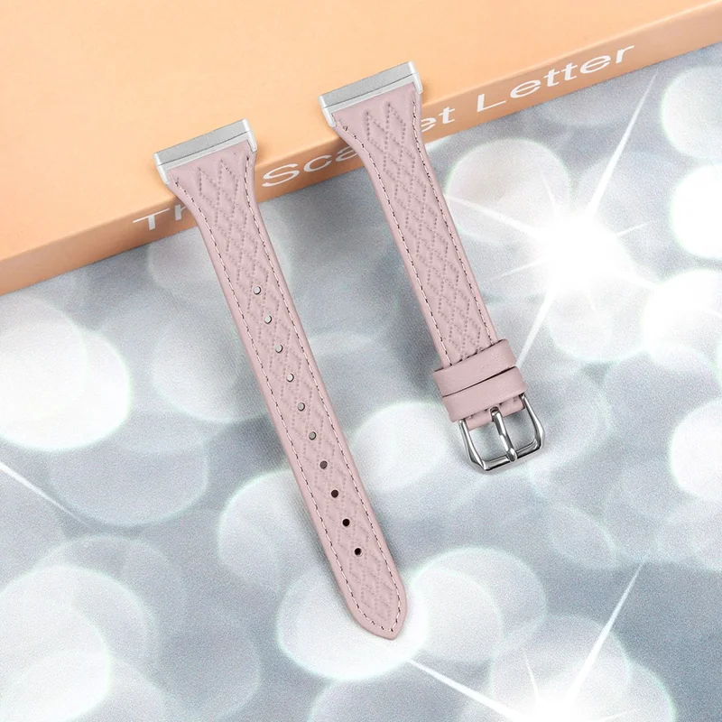 For Fitbit Versa 3 / Sense Top-layer Cow Leather Rhombus Design Watch Strap - Pink