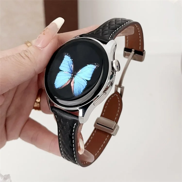 Per Samsung Galaxy Watch3 45mm / Huawei Watch Ultimate Genuine Cow Leather 22mm Watch Band con motivo a rombo - Nero