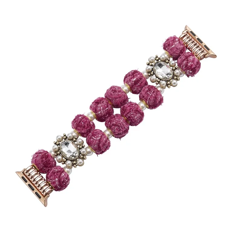 Para Apple Watch Series 10 42mm / 9 8 7 41mm / 6 5 4 SE (2023) SE (2022) SE 40mm / 3 2 1 38mm Velvet Cotton Beaded Bracelet - Rose