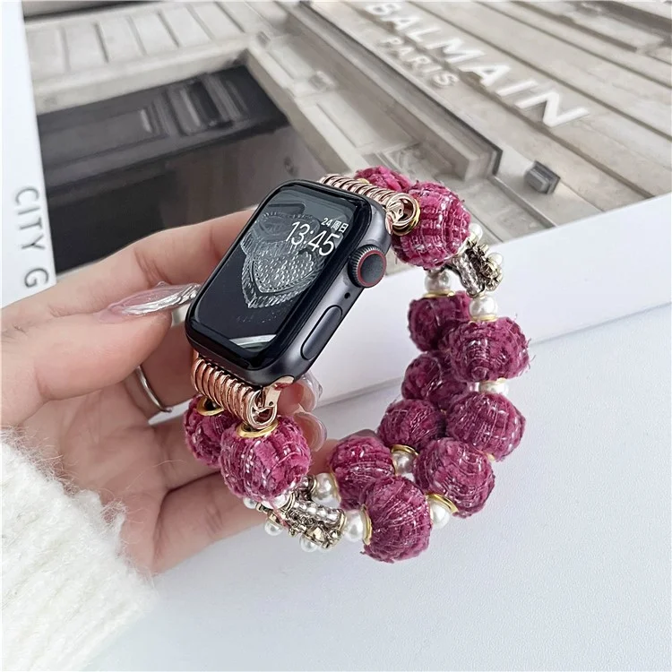Para Apple Watch Series 10 42mm / 9 8 7 41mm / 6 5 4 SE (2023) SE (2022) SE 40mm / 3 2 1 38mm Velvet Cotton Beaded Bracelet - Rose