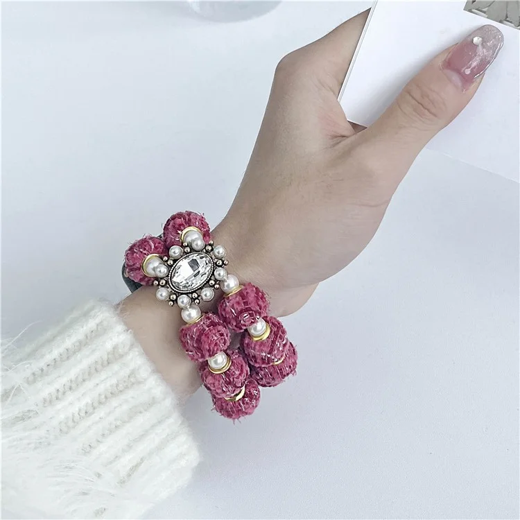 Para Apple Watch Series 10 42mm / 9 8 7 41mm / 6 5 4 SE (2023) SE (2022) SE 40mm / 3 2 1 38mm Velvet Cotton Beaded Bracelet - Rose