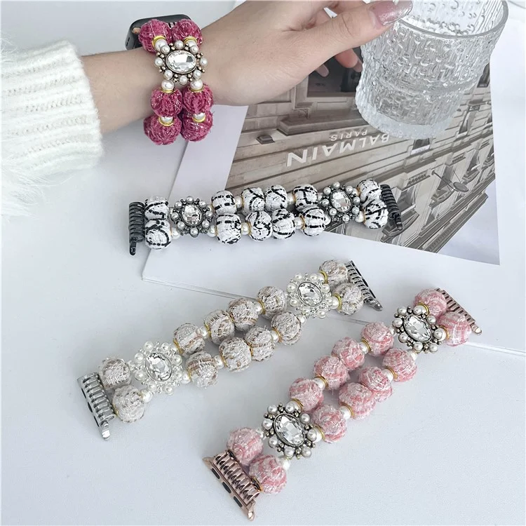 Para Apple Watch Series 10 42mm / 9 8 7 41mm / 6 5 4 SE (2023) SE (2022) SE 40mm / 3 2 1 38mm Velvet Cotton Beaded Bracelet - Rose