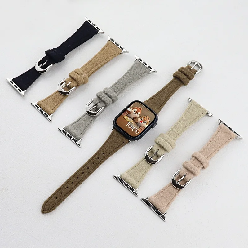 Pour Apple Watch Series 10 42mm / 9 8 7 41mm / SE (2023) SE (2022) SE 6 5 4 40mm / 3 2 1 38mm Bande de montre en laine douce - Noir