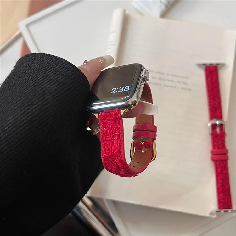 Pour Apple Watch Series 10 42mm / 9 8 7 41mm / SE (2023) SE (2022) SE 6 5 4 40mm / 3 2 1 38mm Bande de montre en laine+cuir - Boucle or+rouge