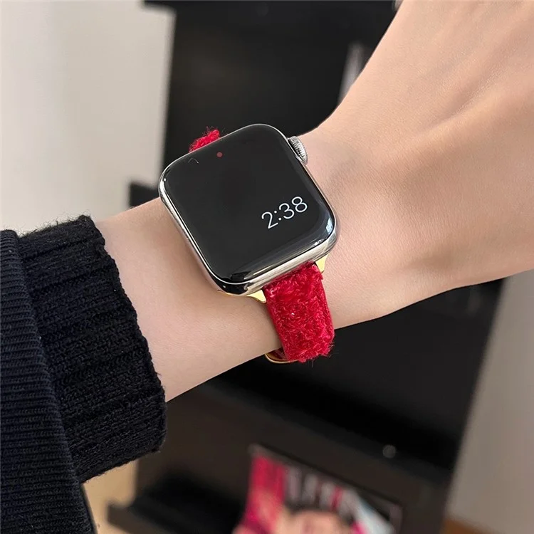 Pour Apple Watch Series 10 42mm / 9 8 7 41mm / SE (2023) SE (2022) SE 6 5 4 40mm / 3 2 1 38mm Bande de montre en laine+cuir - Boucle or+rouge