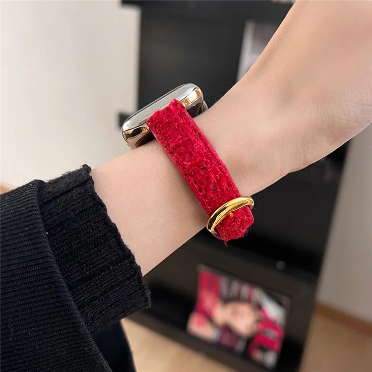 Pour Apple Watch Series 10 42mm / 9 8 7 41mm / SE (2023) SE (2022) SE 6 5 4 40mm / 3 2 1 38mm Bande de montre en laine+cuir - Boucle or+rouge