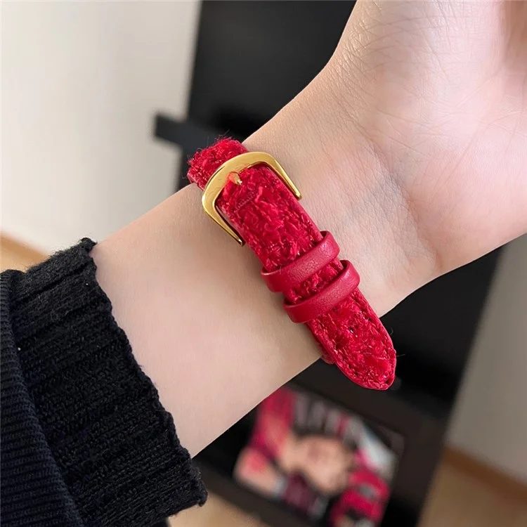 Pour Apple Watch Series 10 42mm / 9 8 7 41mm / SE (2023) SE (2022) SE 6 5 4 40mm / 3 2 1 38mm Bande de montre en laine+cuir - Boucle or+rouge