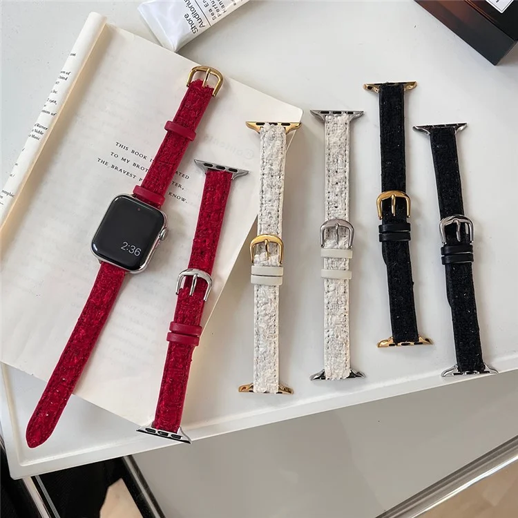 Pour Apple Watch Series 10 42mm / 9 8 7 41mm / SE (2023) SE (2022) SE 6 5 4 40mm / 3 2 1 38mm Bande de montre en laine+cuir - Boucle or+rouge
