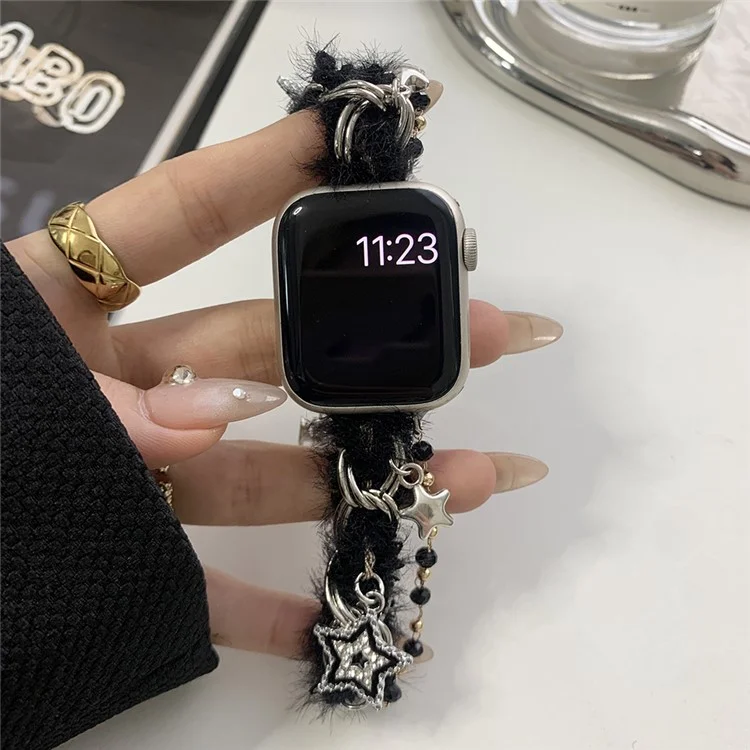 Für Apple Watch Series 10 42mm / 9 8 7 41mm / 6 5 4 SE (2022) SE (2023) SE 40mm / 3 2 1 38mm Verstellbarer Plüsch-Watchband - Schwarz+Silber