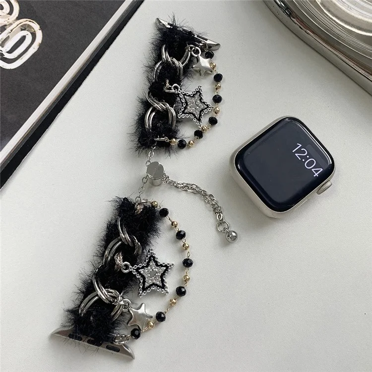 Für Apple Watch Series 10 42mm / 9 8 7 41mm / 6 5 4 SE (2022) SE (2023) SE 40mm / 3 2 1 38mm Verstellbarer Plüsch-Watchband - Schwarz+Silber