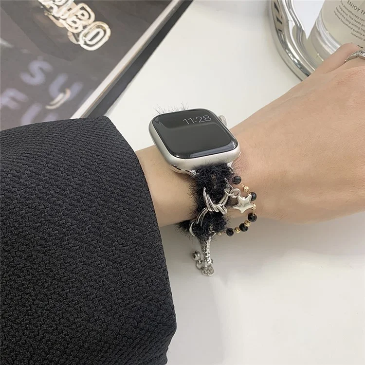 Für Apple Watch Series 10 42mm / 9 8 7 41mm / 6 5 4 SE (2022) SE (2023) SE 40mm / 3 2 1 38mm Verstellbarer Plüsch-Watchband - Schwarz+Silber