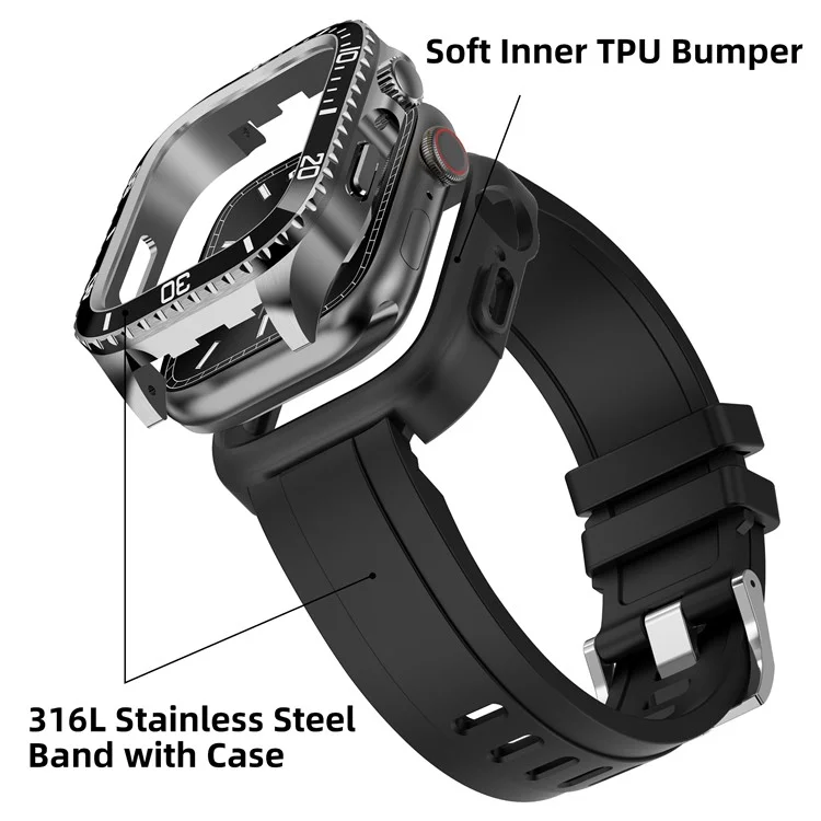 For Apple Watch Series 9 / 8 / 7 45mm TPU Replacement Strap with Stainless Steel Watch Case - Silver