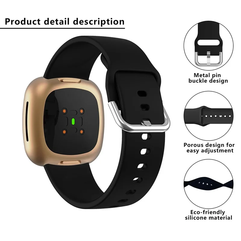 KALEBOL KLB-SXKGJ-001 for Fitbit Versa 3 / 4 / Sense / Sense 2 Silicone Watch Bands Soft Strap Replacement - Black
