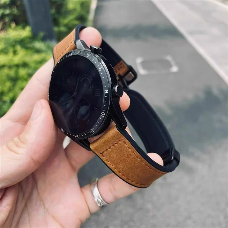 For Samsung Gear Sport / Huawei Watch GT 3 42mm Magnetic Genuine Cow Leather Watch Band, 20mm - Brown