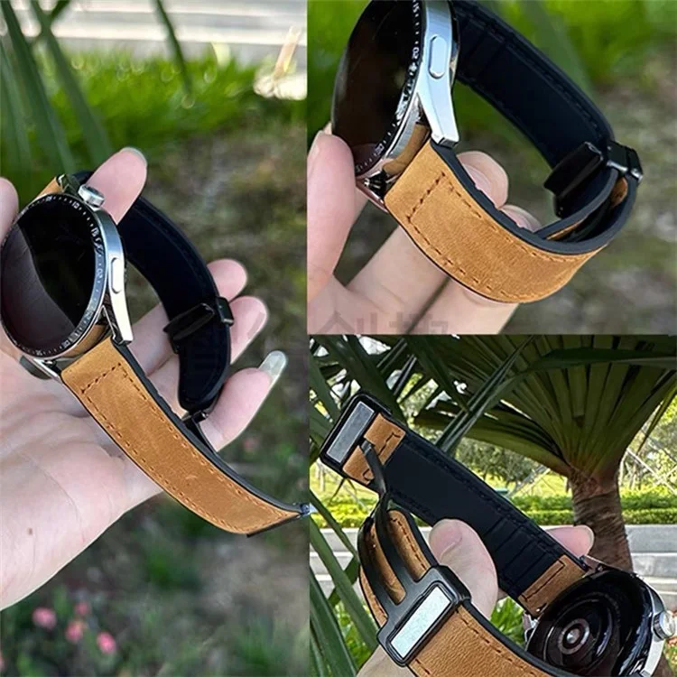 For Samsung Gear Sport / Huawei Watch GT 3 42mm Magnetic Genuine Cow Leather Watch Band, 20mm - Brown
