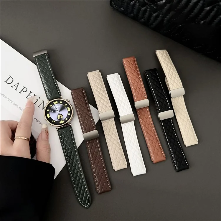 Para Huawei Watch GT 4 41mm / Garmin Venu 3S Correa de Cuero Vacuno Genuino 18mm Hebilla Magnética - Café