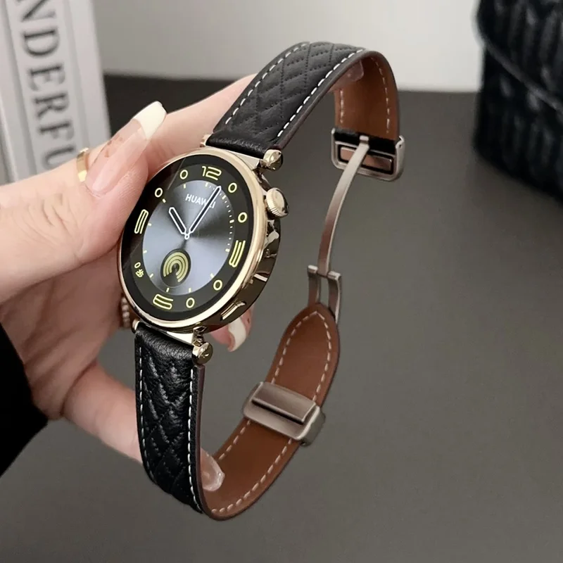 Pour Samsung Galaxy Watch3 45mm / Huawei Watch GT 4 46mm Bracelet de montre 22mm en véritable cuir de vache avec boucle magnétique - Noir