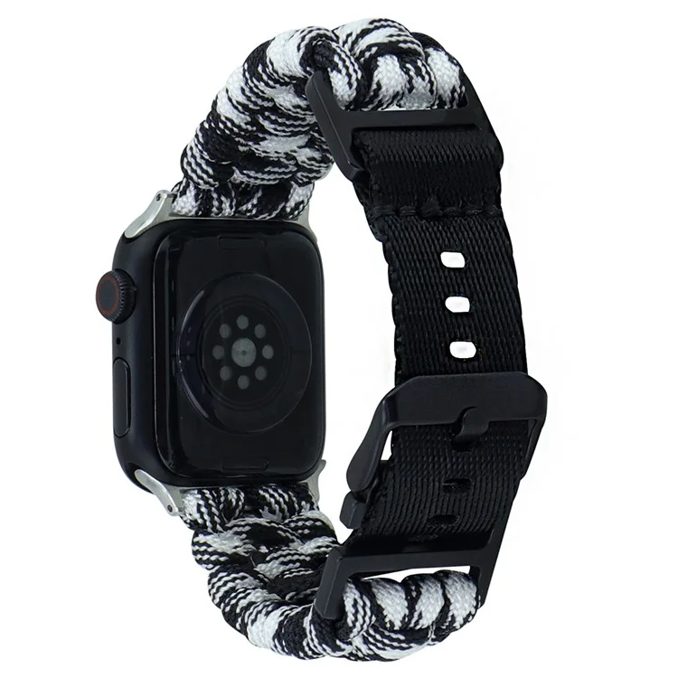 For Apple Watch Series 10 42mm / 9 8 7 41mm / 6 5 4 SE (2023) SE (2022) SE 40mm / 3 2 1 38mm Camo Strap Nylon Braided Watch Band - Black+White