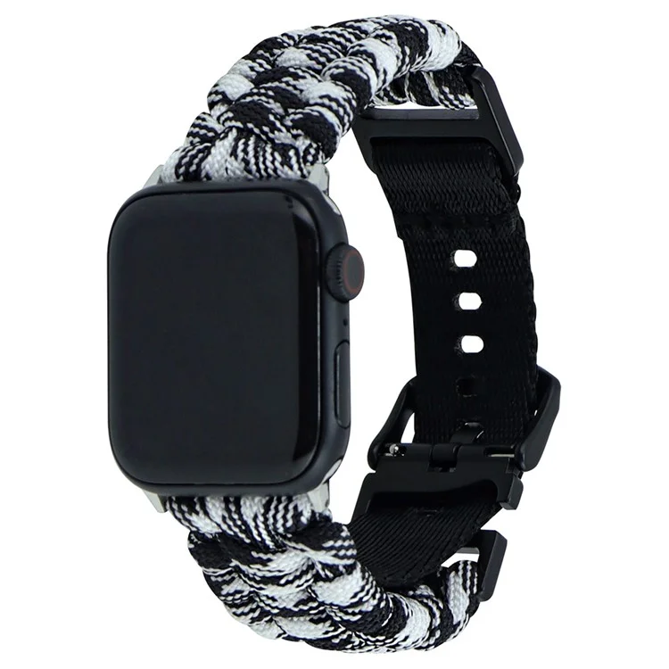 For Apple Watch Series 10 42mm / 9 8 7 41mm / 6 5 4 SE (2023) SE (2022) SE 40mm / 3 2 1 38mm Camo Strap Nylon Braided Watch Band - Black+White