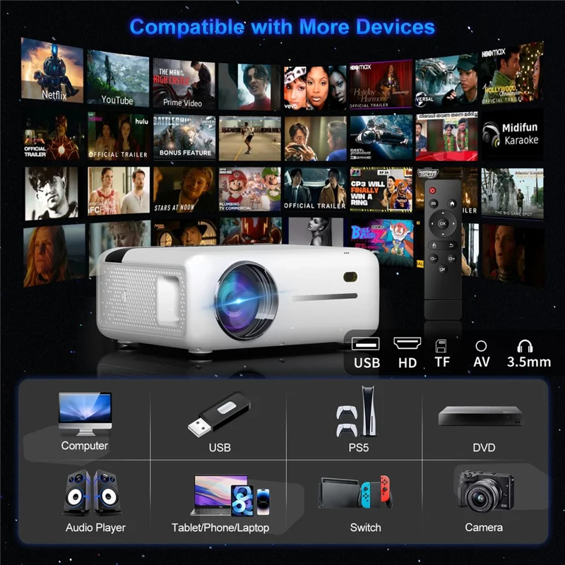 E520 1080P FHD Projector Android 9.0 BT5.0 1G+8G 1,4000 Lumen Home Theater Projector Support 4K - EU Plug