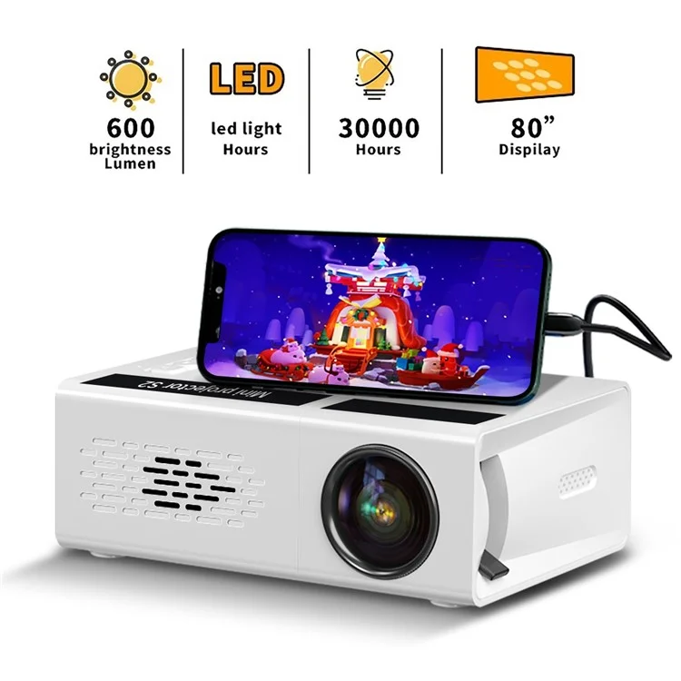 S2 Portable LED Projector 1080P HD Clear 600 Lumen Mini Home Theater Media Player - US Plug