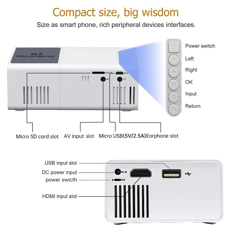 Q2 Mini LED Projector 1080P HD Clear Portable Movie Video Home Theater Projector - US Plug