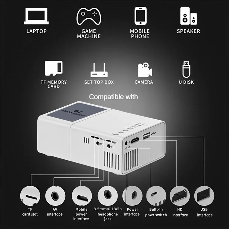 Q2 Mini LED Projector 1080P HD Clear Portable Movie Video Home Theater Projector - US Plug