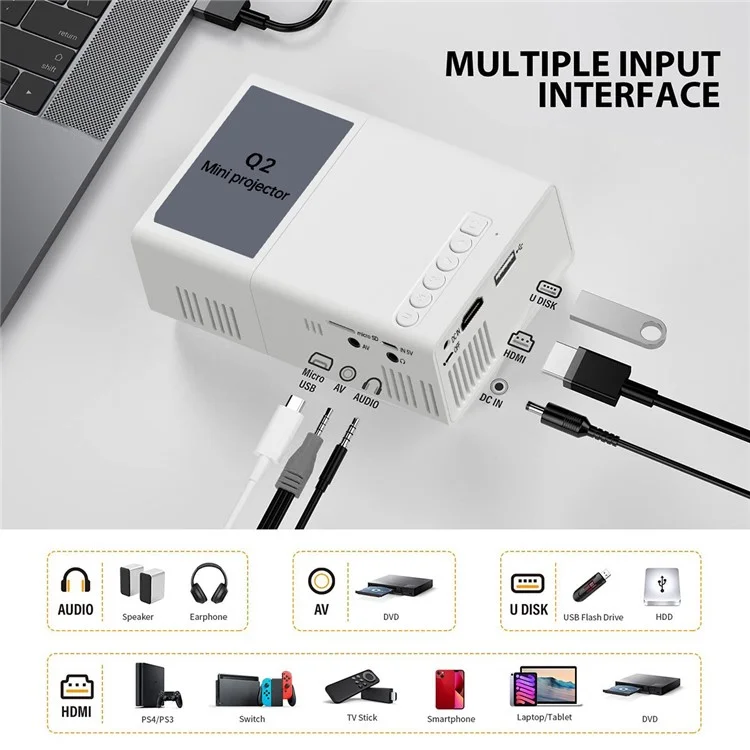 Q2 Mini LED Projector 1080P HD Clear Portable Movie Video Home Theater Projector - US Plug