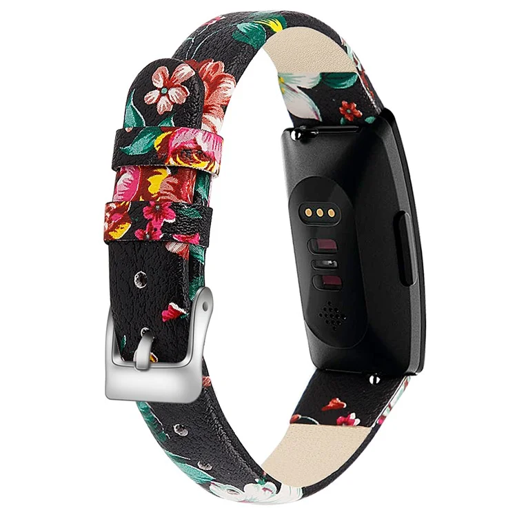 For Fitbit Inspire / Inspire HR Smart Watch Band Top-layer Cow Leather Wrist Strap - L / Black+Red Flower