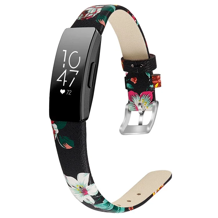 For Fitbit Inspire / Inspire HR Smart Watch Band Top-layer Cow Leather Wrist Strap - L / Black+Red Flower