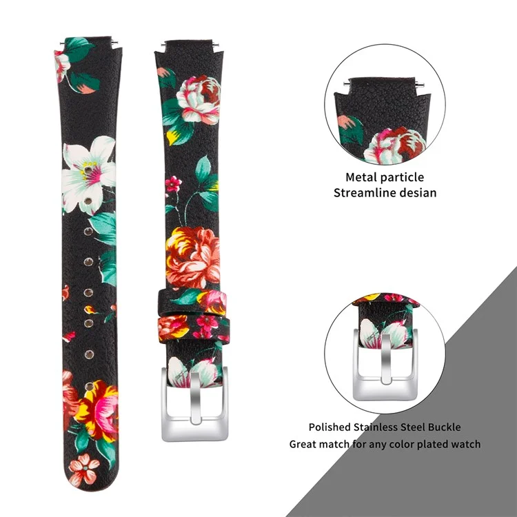 For Fitbit Inspire / Inspire HR Smart Watch Band Top-layer Cow Leather Wrist Strap - L / Black+Red Flower