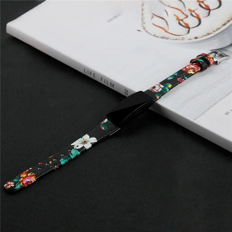 For Fitbit Inspire / Inspire HR Smart Watch Band Top-layer Cow Leather Wrist Strap - L / Black+Red Flower