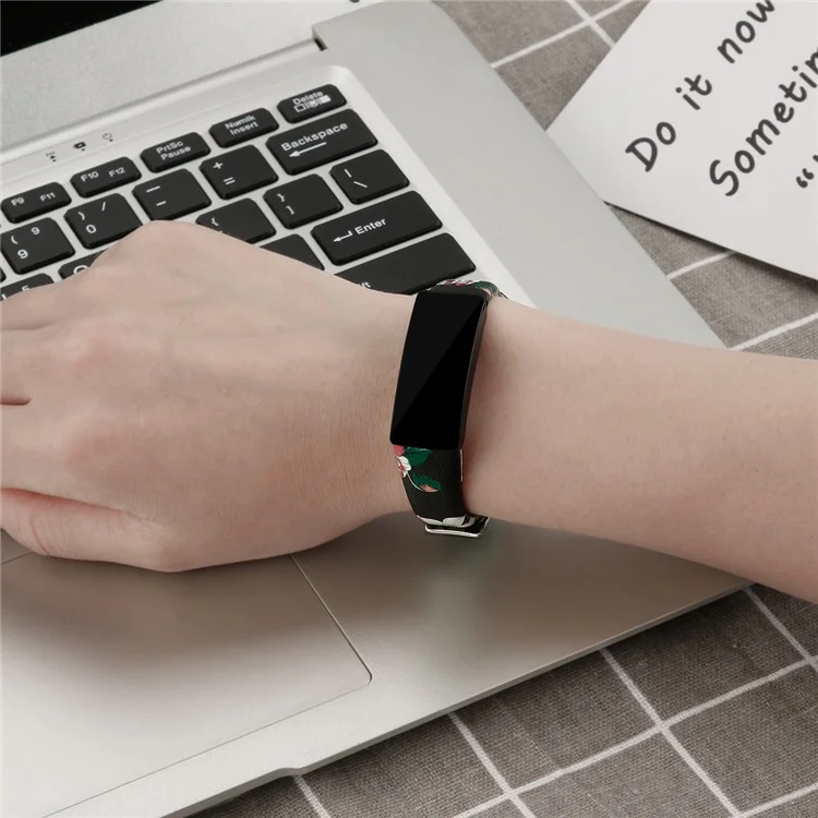 For Fitbit Inspire / Inspire HR Smart Watch Band Top-layer Cow Leather Wrist Strap - L / Black+Red Flower